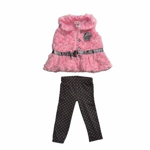 Pink Faux Fur Vest and Grey Patterned Leggings Set - Kids